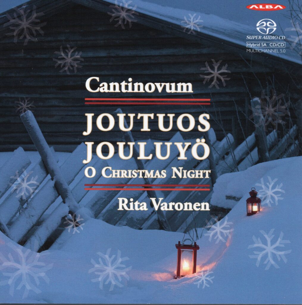 Luminen maisema, seiväsaita, lato ja lyhty lumihangessa. Keskellä teksti: Cantinovum - Joutuos jouluyö - Rita Varonen